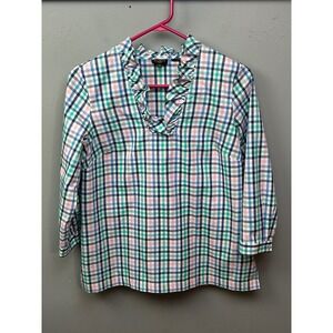 Talbots Petites Non-Iron Plaid Ruffle Neck Blouse Blue Pink Womens 4P 3/4 Sleeve